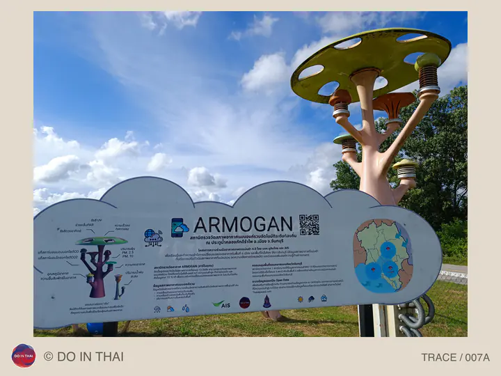 A tree-shaped ARMOGAN weather instrument stands outdoors beside an information board with diagrams of its sensors.