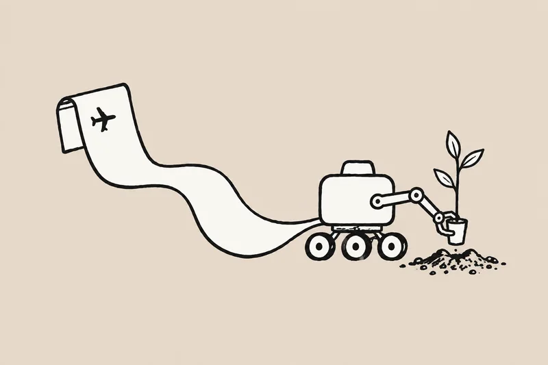An airline boarding pass connects to a small rover planting a sapling.