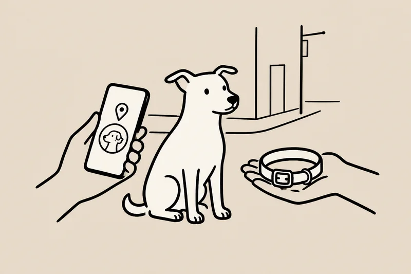 A community dog is identified on a phone while another hand offers a collar.